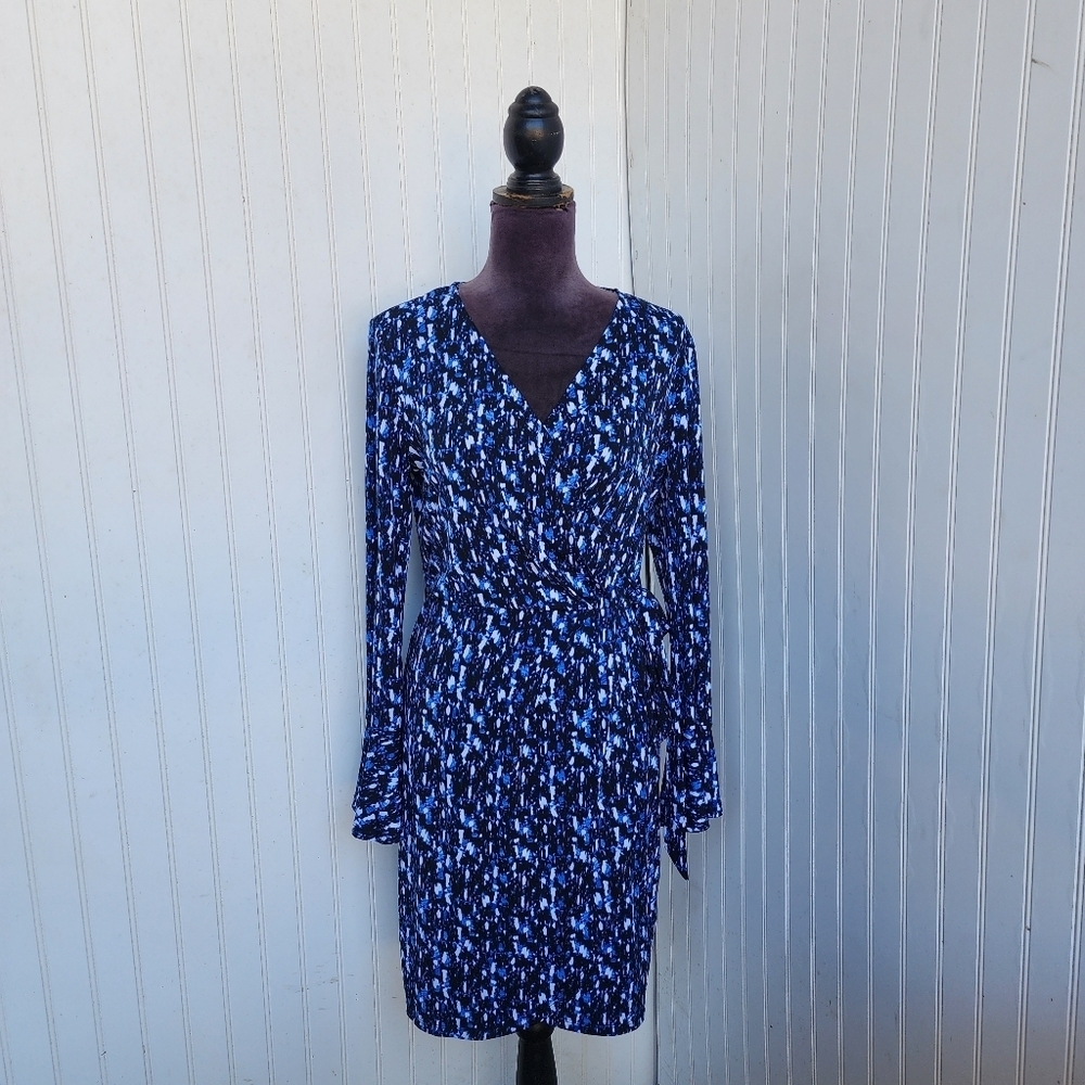 London Times Watercolor Knit Twist Front Sheath Dress Blue Black Stretch Sz 10